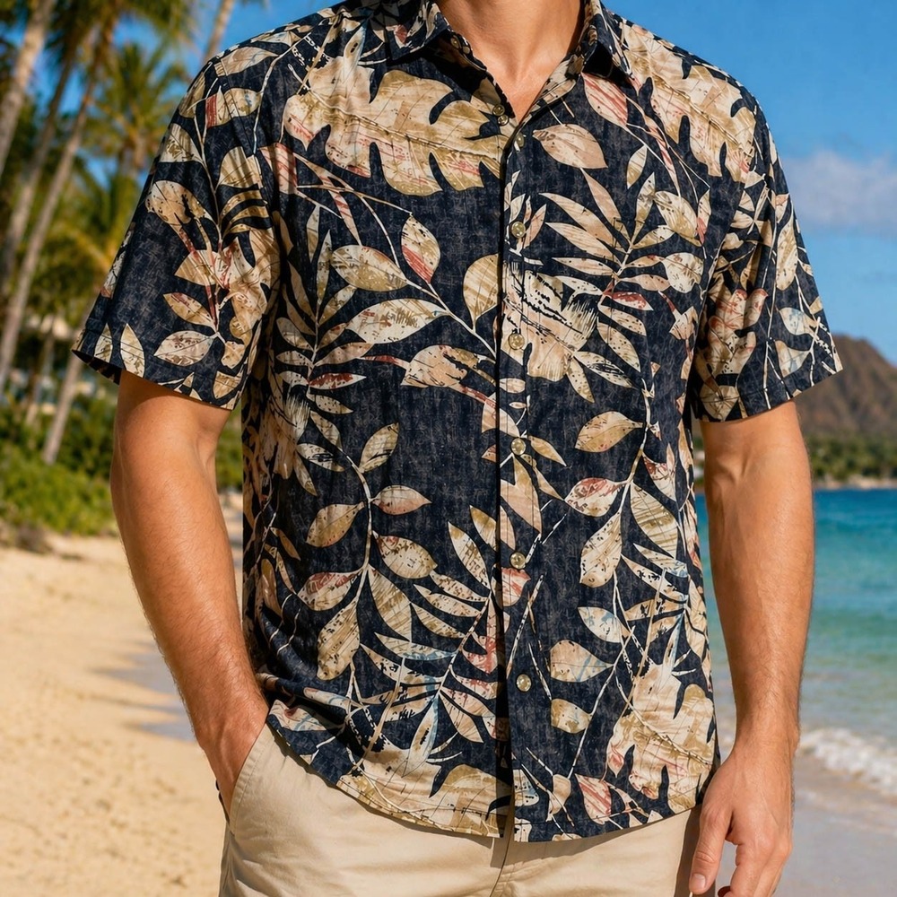Cooke Street Hawaiian Aloha Shirt Medium Floral Abstract Black Tan Reverse Print